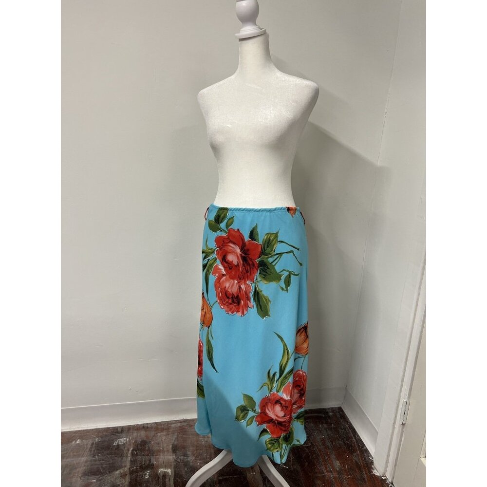 Vtg 90s Med Teal Blue Floral Sheer Layered Maxi Skirt Romantic Flowers Cottage